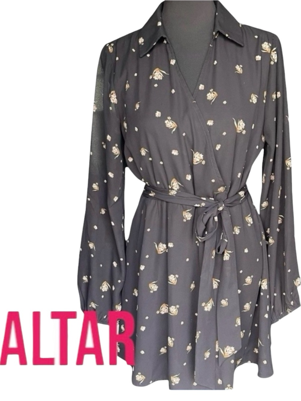 Altar Black Tan Floral Long Sleeve V-Neck Collar Waist Tie Belt Mini Dress (L)